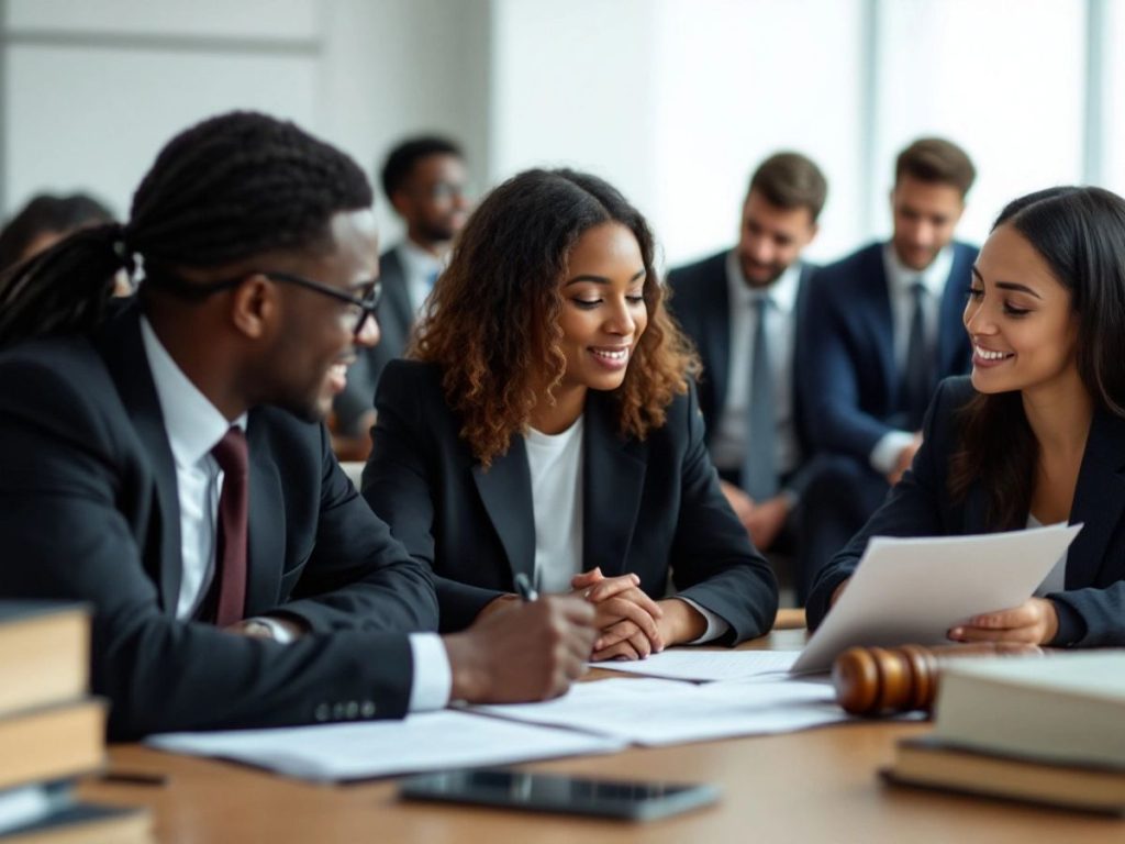 Grup de viitori avocați discutând în mediu profesional.