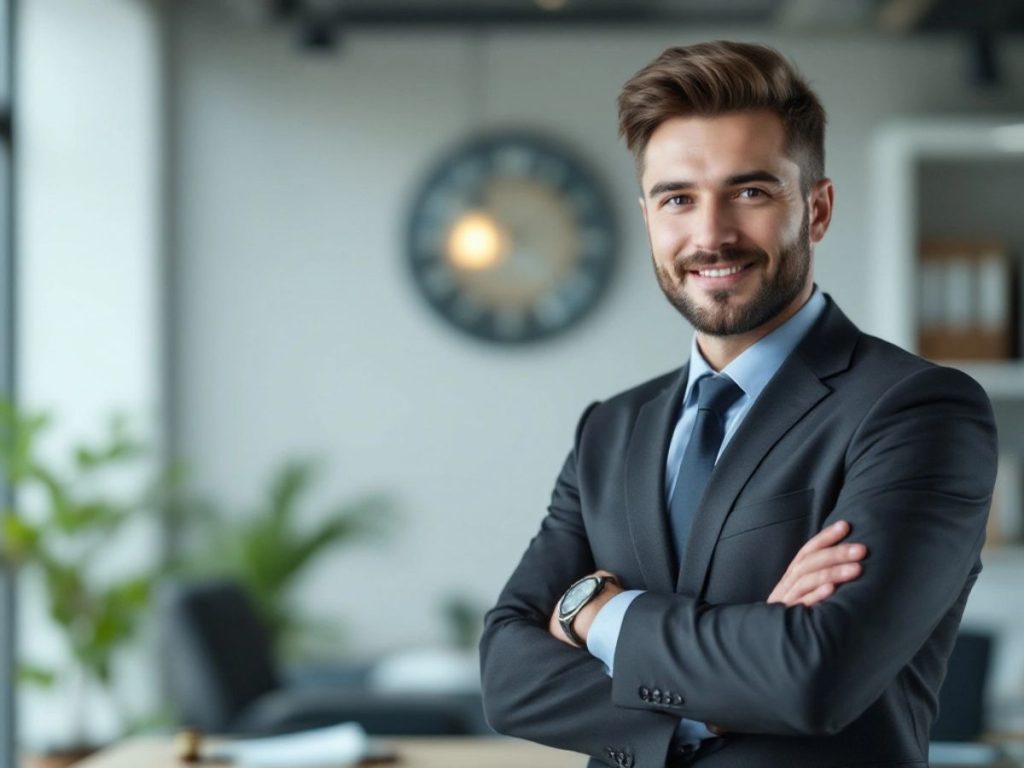 Avocat profesionist în birou modern, cu cărți de drept.