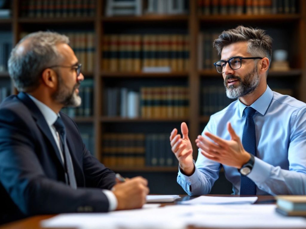 Avocat discutând cu un client într-un birou modern.