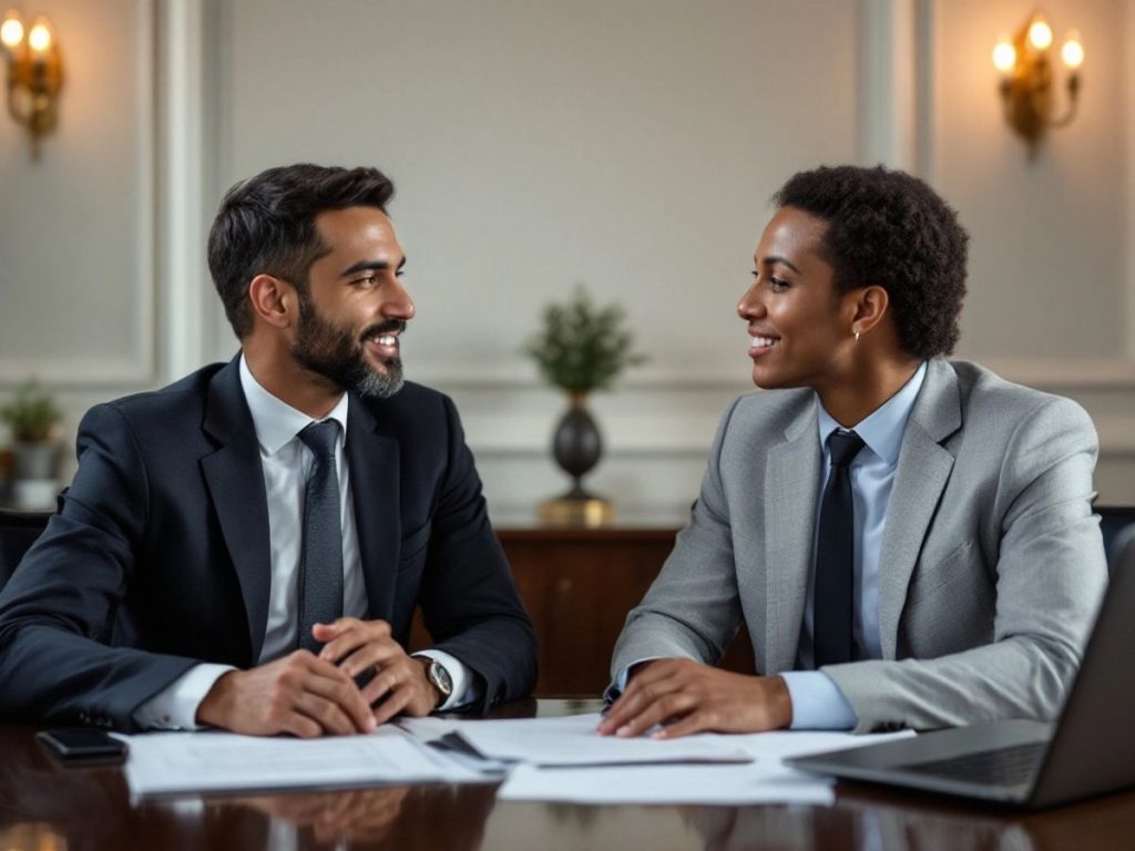Avocat și client discutând într-un birou elegant.