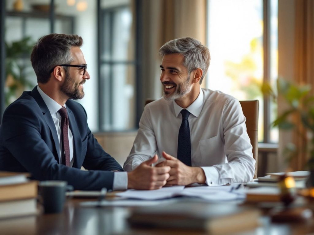 Avocat discutând cu un client într-un birou modern.