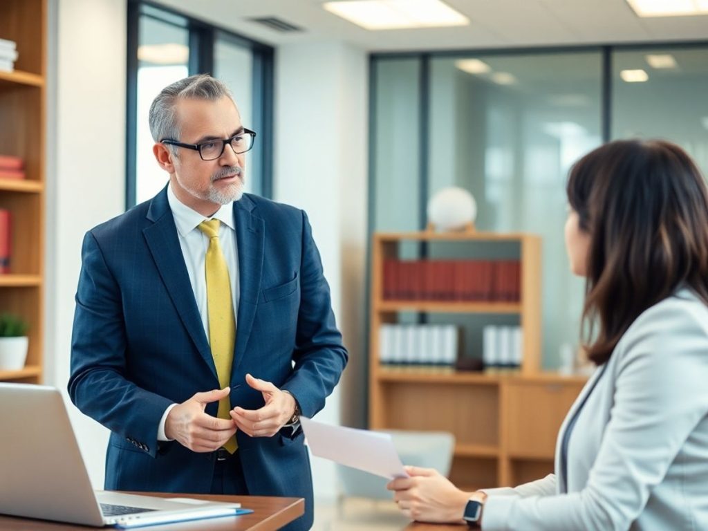 Avocat discutând cu un client într-un birou modern.