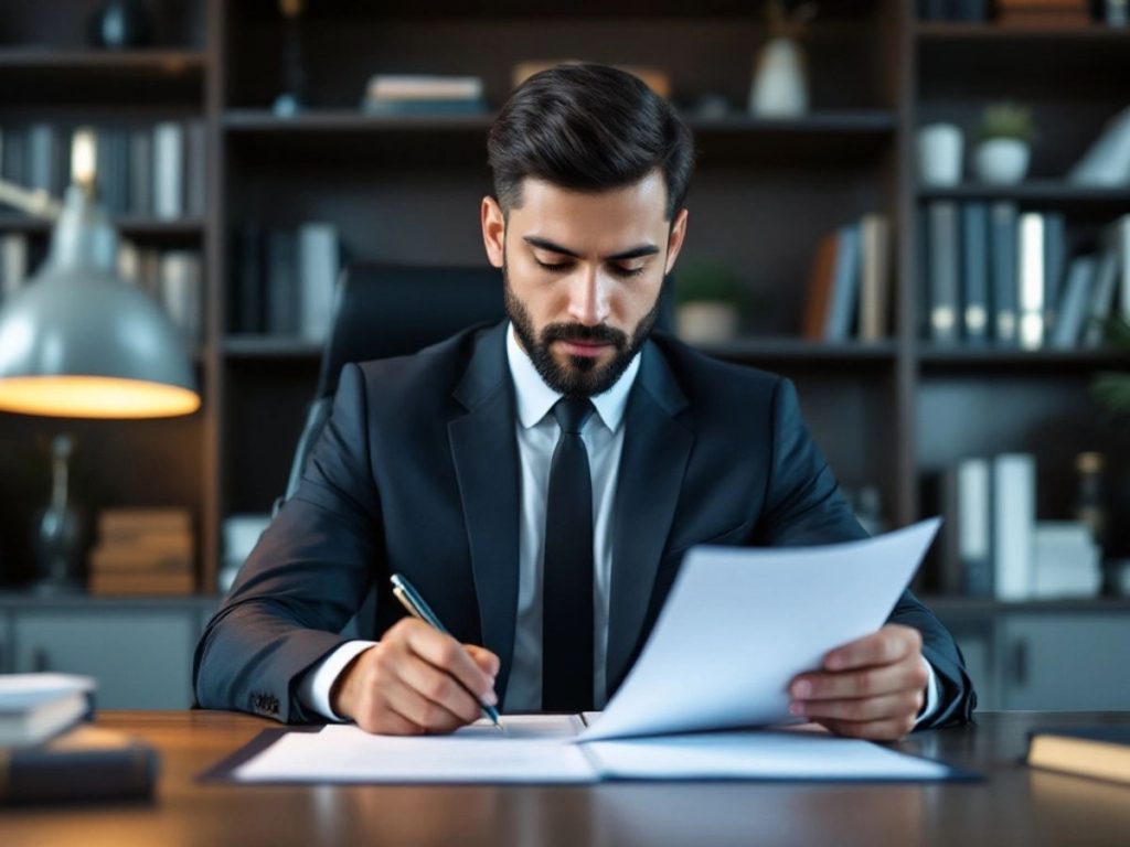 Avocat profesionist într-un birou elegant, analizând documente.