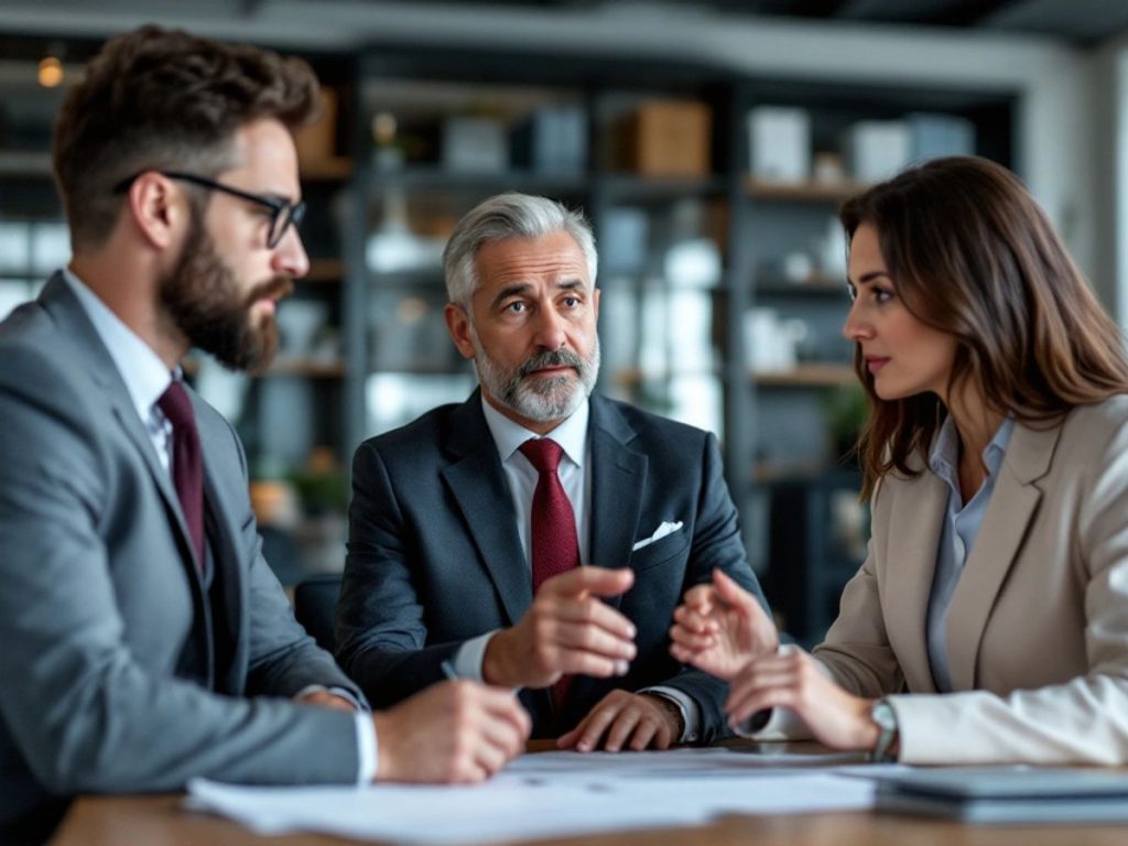 Avocați de top discutând în birou modern.