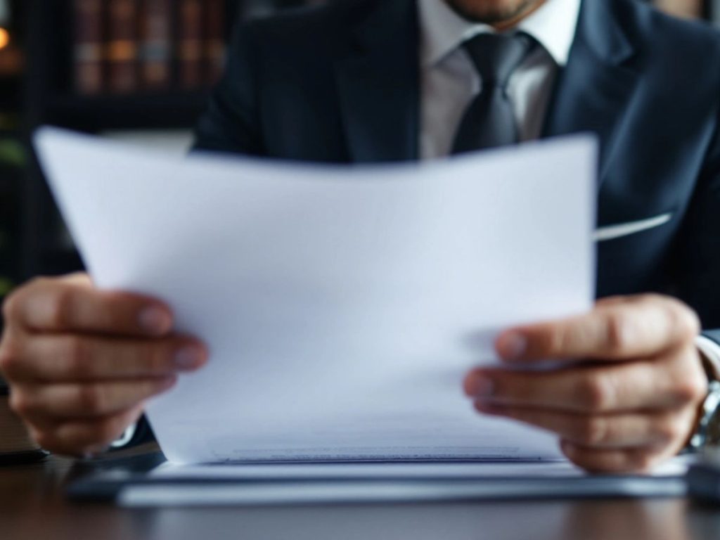 Avocat in birou, analizand documente legale cu seriozitate.