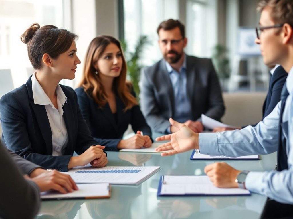 Discuție între oameni de afaceri despre litigii comerciale.