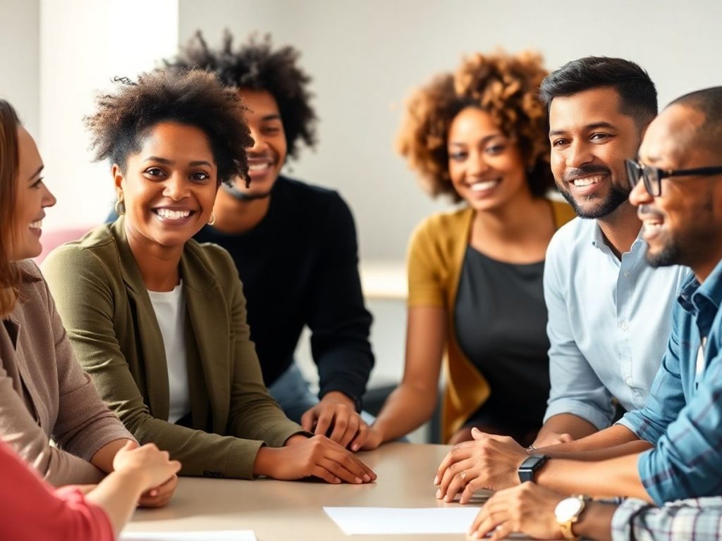 Grup divers de oameni discutând despre drepturi fundamentale.