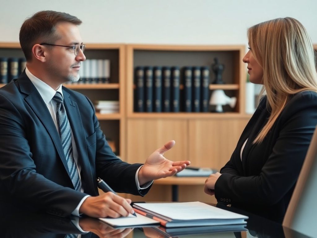 Avocat consultând un client într-un birou profesionist.