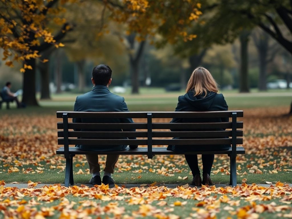 Pereche separată pe o bancă în parc, tristețe.