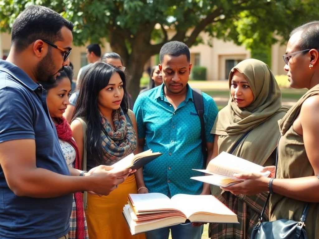 Cetățeni discutând informații juridice importante în aer liber.