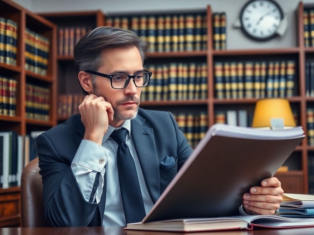 Avocat în birou analizând dosare legale.