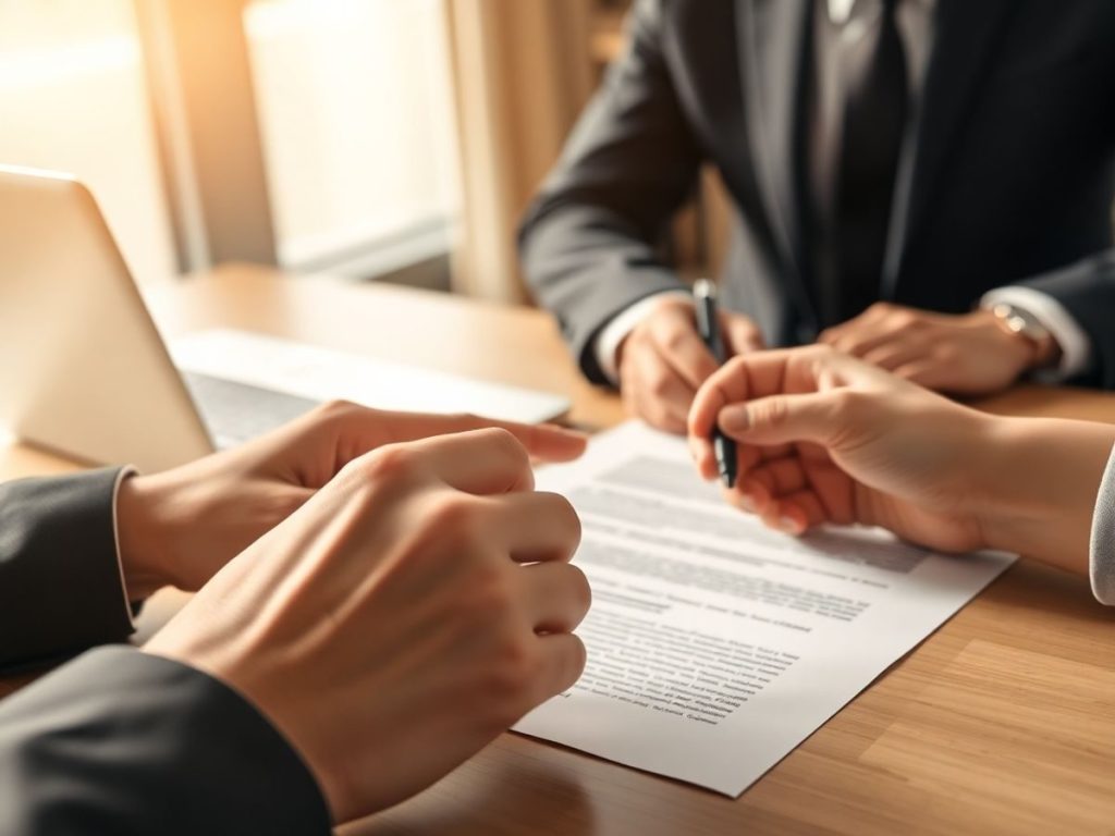 Avocat și client discutând documente legale.