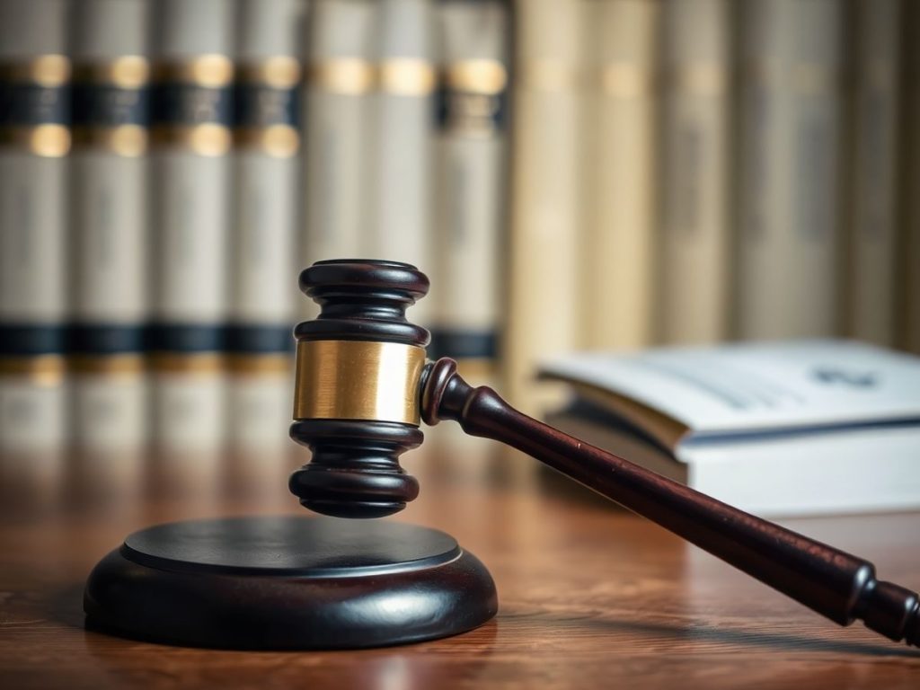 Ciocan judecătoresc pe birou de lemn, cărți legale în fundal.