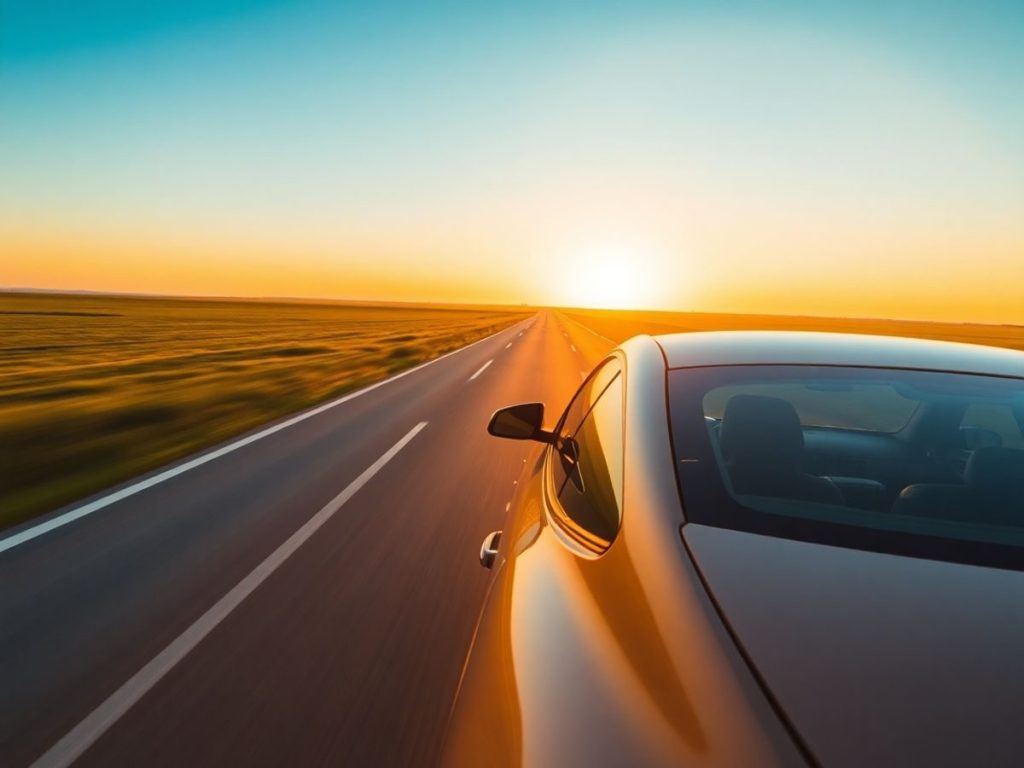 Mașină, drum, soare, peisaj deschis, condus