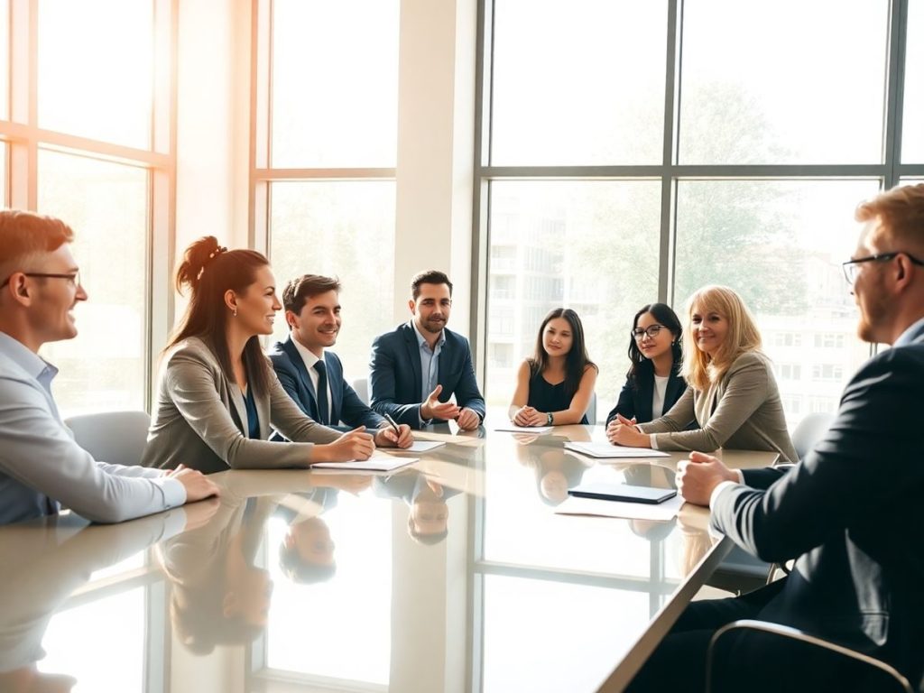 Oameni discutând cu un avocat, într-un birou modern.