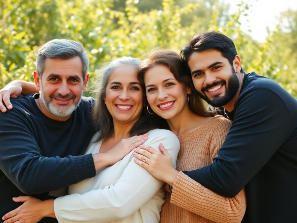 Familie fericită împreună, simbolizând unitatea familială.