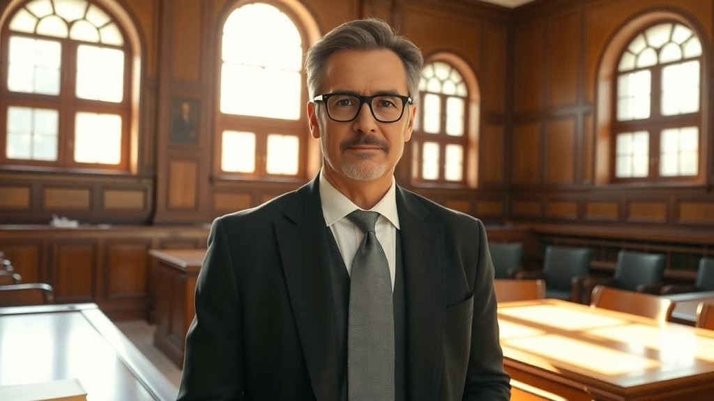 Avocat în sală de judecată, încrezător și profesionist.