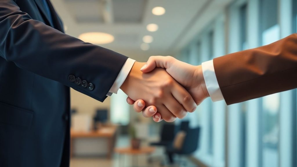 Mâini strângându-se într-un birou modern.