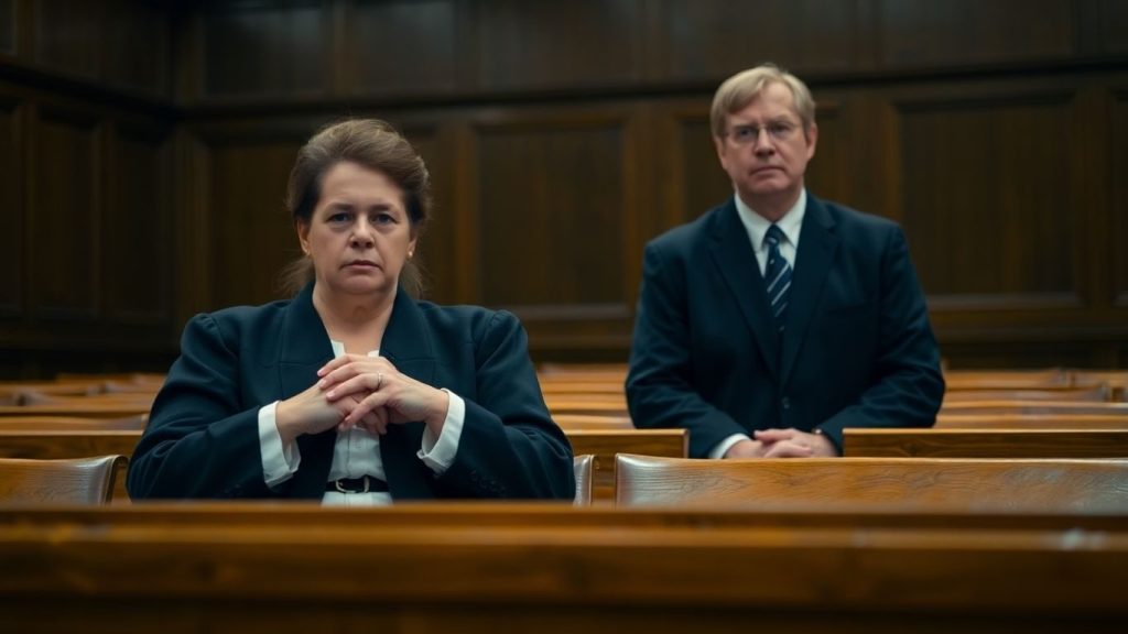 Persoană tăcută cu avocat într-o sală de judecată